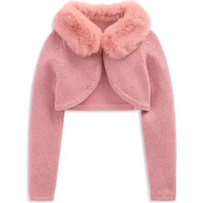 Mini Boden Kids' Faux Fur Trim Cropped Cardigan In Pink