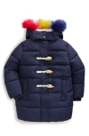 Mini Boden Longline Padded Coat College Navy Rainbow Fur Girls Boden In College Navy Rainbow Fur