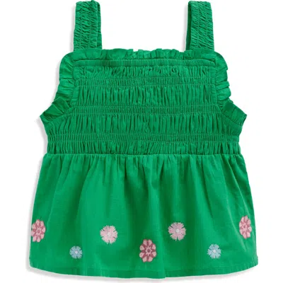 Mini Boden Kids' Floral Embellished Smocked Cotton Top In Green