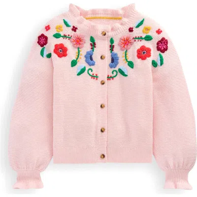 Mini Boden Kids' Floral Embroidered Balloon Sleeve Cotton Cardigan In Pink