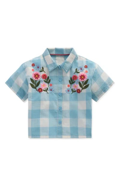 Mini Boden Kids' Floral Embroidered Gingham Button-up Top In Multi