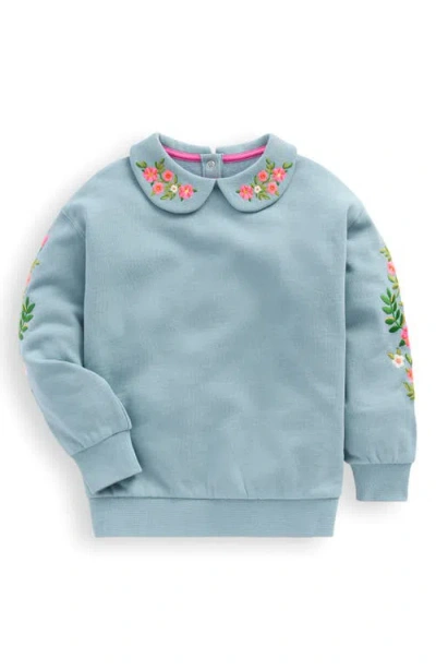 Mini Boden Kids' Floral Embroidered Peter Pan Collar Sweatshirt In Blue