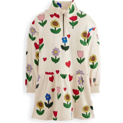 Mini Boden Kids' Floral Half Zip Long Sleeve Cotton Sweatshirt Dress In Multi