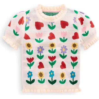 Mini Boden Kids' Floral Jacquard Short Sleeve Cotton Sweater In Multi