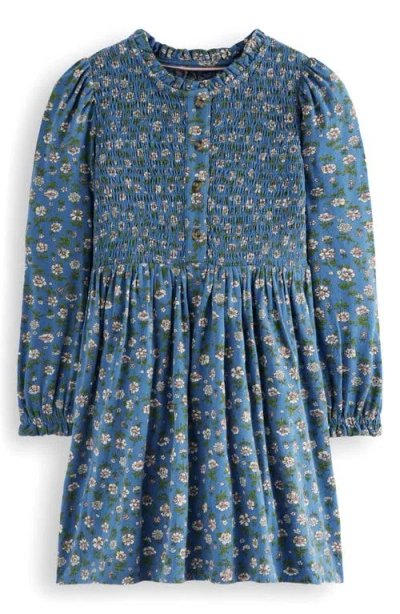 Mini Boden Kids' Floral Long Sleeve Smocked Bodice Cotton Jersey Dress In Blue