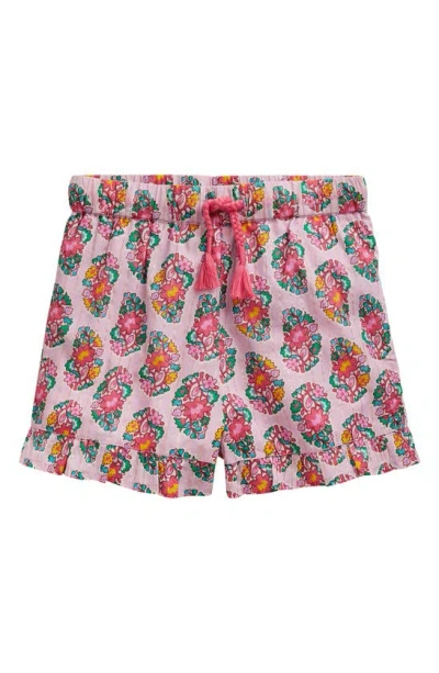 Mini Boden Kids' Floral Metallic Cotton Ruffle Hem Shorts In Sugared Almond Pink Paisley