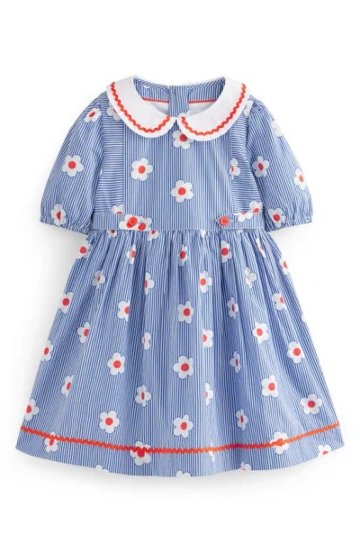 Mini Boden Kids' Floral Rickrack Trim Cotton Dress In Blue Jay Daisy Stripe
