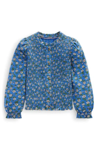 Mini Boden Kids' Floral Smocked Knit Button-up Shirt In Blue