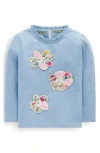 Mini Boden Kids' Flower Appliqué Ruffle Neck Cotton Graphic T-shirt In Blue