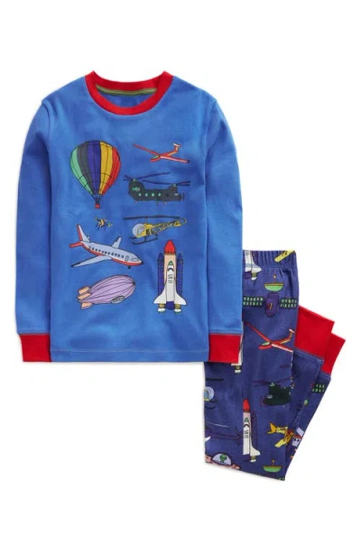 Mini Boden Kids' Flying Vehicle Fitted Two-piece Cotton Pajamas In Bluejay Transport