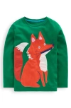 Mini Boden Kids' Fox Appliqué Long Sleeve Cotton Pocket T-shirt In Green