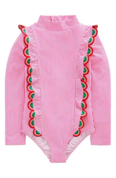 Mini Boden Kids' Frill Long Sleeve One-piece Rashguard Swimsuit In Pink
