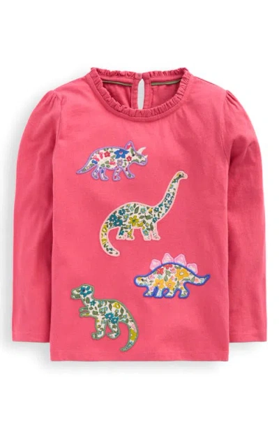 Mini Boden Kids' Frill Neck Long Sleeve Appliqué T-shirt In Pink