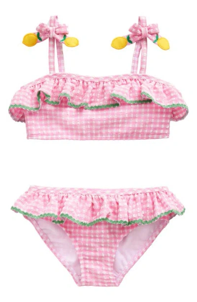 Mini Boden Kids' Frilly Seersucker Two-piece Swimsuit In Pink Gingham Lemons