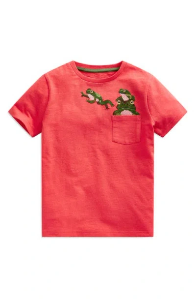 Mini Boden Kids' Frog Embroidered Pocket T-shirt In Jam Red Frogs