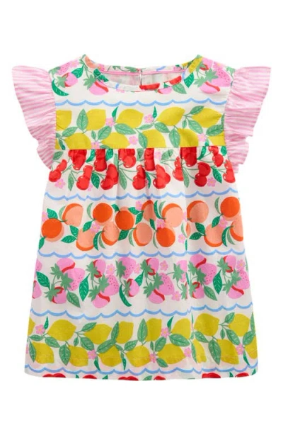Mini Boden Kids' Fruit Print Flutter Sleeve Cotton Top In Rainbow Fruit Stripe