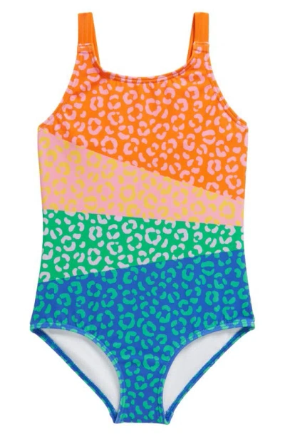 Mini Boden Kids' Fun One-piece Swimsuit In Orange Multi Leopard Print