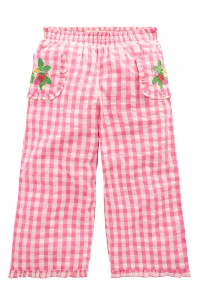 Mini Boden Kids' Gingham Frill Cotton Seersucker Pants In Pink Gingham Embroidered