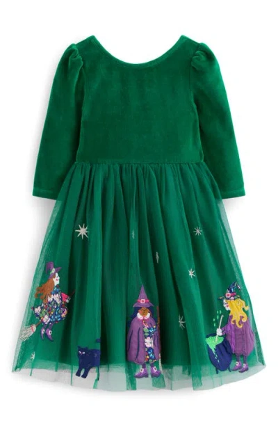 Mini Boden Kids' Halloween Appliqué Long Sleeve Velour & Tulle Dress In Green