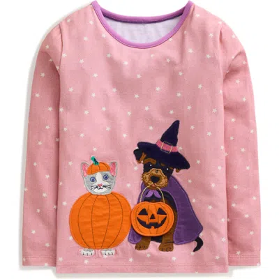 Mini Boden Kids' Halloween Lift The Flap Long Sleeve Cotton Graphic T-shirt In Vintage Pink/ivory Star Dog