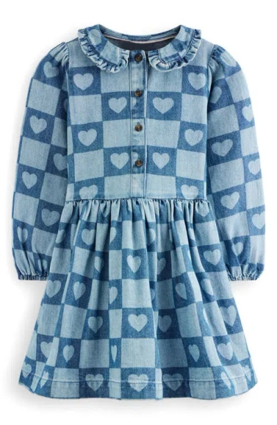 Mini Boden Kids' Heart Checks Print Long Sleeve Denim Shirtdress In Blue