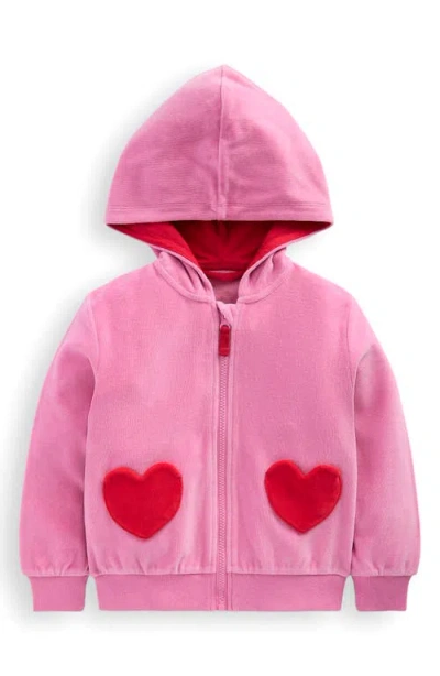 Mini Boden Kids' Heart Pocket Velour Zip-up Hoodie In Pink