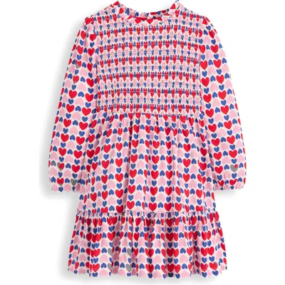 Mini Boden Kids' Heart Print Twirly Smocked Long Sleeve Cotton Dress In Pink