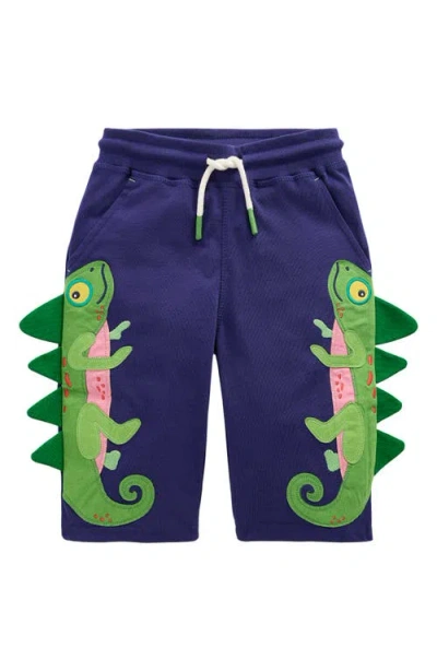 Mini Boden Kids' Iguana Embellished Cotton Knit Shorts In College Navy Iguana