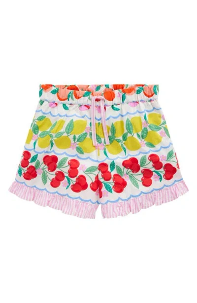 Mini Boden Kids' Juniper Fruit Print Ruffle Cotton Hem Shorts In Rainbow Fruit Stripe