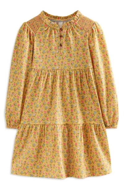 Mini Boden Kids' Katherine Floral Long Sleeve Tiered Jersey Dress In Vintage Yellow Ditsy Floral