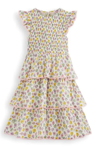 Mini Boden Kids' Lace Trim Smocked Bodice Tiered Cotton Dress In Multi