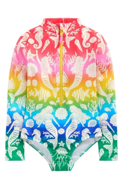Mini Boden Kids' Long Sleeve One-piece Rashguard Swimsuit In Rainbow Ombre Mermaid
