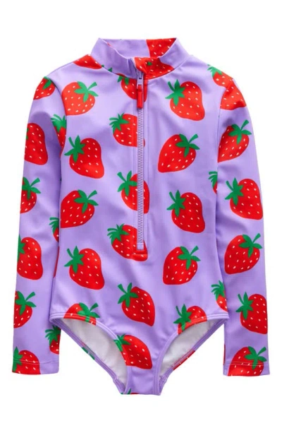 Mini Boden Kids' Long Sleeve One-piece Swimsuit In Violet Tulip Strawberries