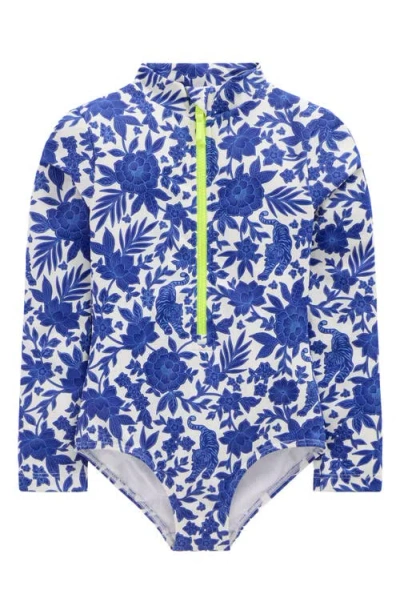 Mini Boden Kids' Long Sleeve One-piece Rashguard Swimsuit In Blue