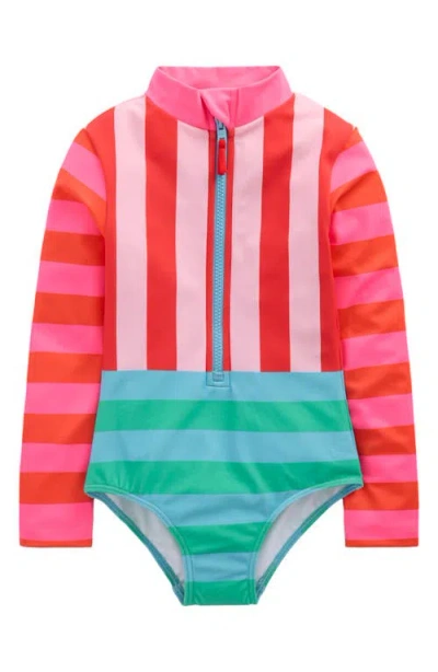 Mini Boden Kids' Long Sleeve Zip-up One-piece Rashguard Swimsuit In Red