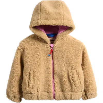 Mini Boden Kids' Love Appliqué Hooded Textured Fleece Jacket In Brown