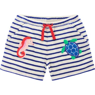 Mini Boden Kids' Mara Stripe Appliqué Terry Cloth Shorts In Soft Ivory/bright Blue Sea