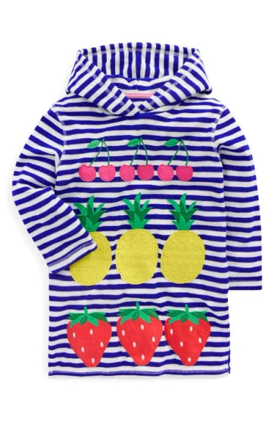 Mini Boden Kids' Mara Stripe Fruit Appliqué Terry Cloth Cover-up Tunic In Blue