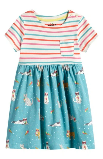Mini Boden Kids' Mixed Print Cotton Dress In Corsica Blue Holiday Cats