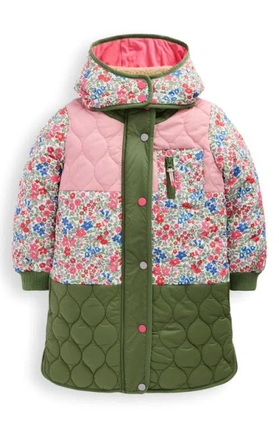 Mini Boden Kids' Mixed Print Onion Quilted Longline Coat In Pink