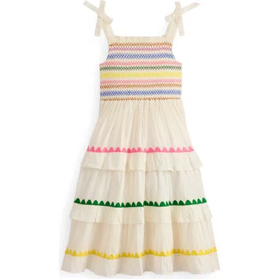Mini Boden Kids' Odette Smocked Bodice Tiered Cotton Sundress In White