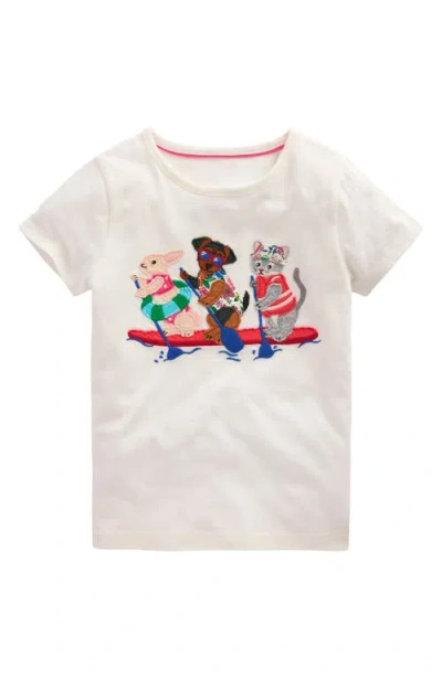 Mini Boden Kids' Paddleboard Appliqué Cotton Graphic T-shirt In Ivory Rafting Pets