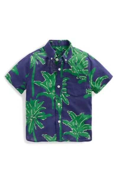 Mini Boden Kids' Palm Tree Graphic Cotton & Linen Blend Button-up Shirt In Blue