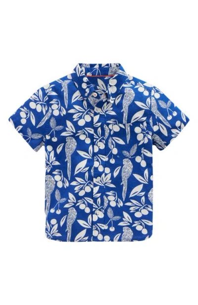 Mini Boden Kids' Parrot Print Short Sleeve Linen & Cotton Button-down Shirt In Blue