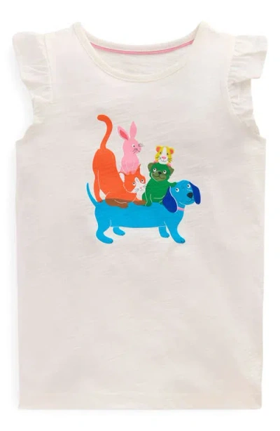 Mini Boden Kids' Pets Ruffle Shoulder Cotton Graphic Tank In White