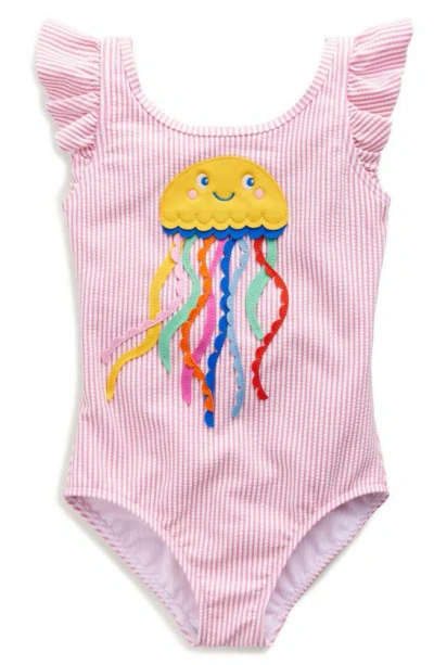 Mini Boden Kids' Logo Flutter Sleeve Swimsuit Pink Ticking Jellyfish Girls Boden