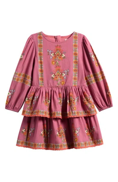 Mini Boden Kids' Placed Floral Long Sleeve Cotton Dress In Brown