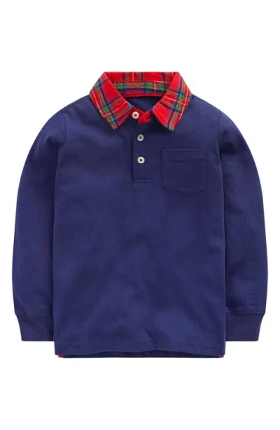 Mini Boden Kids' Plaid Collar Long Sleeve Polo In Blue