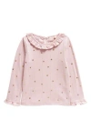 Mini Boden Kids' Pointelle Gold Star Ruffle Neck Top In French Pink Gold Star