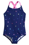 Mini Boden Cross-back Printed Swimsuit Navy, Rainbow Foil Confetti Girls Boden In Navy Rainbow Confetti Spot